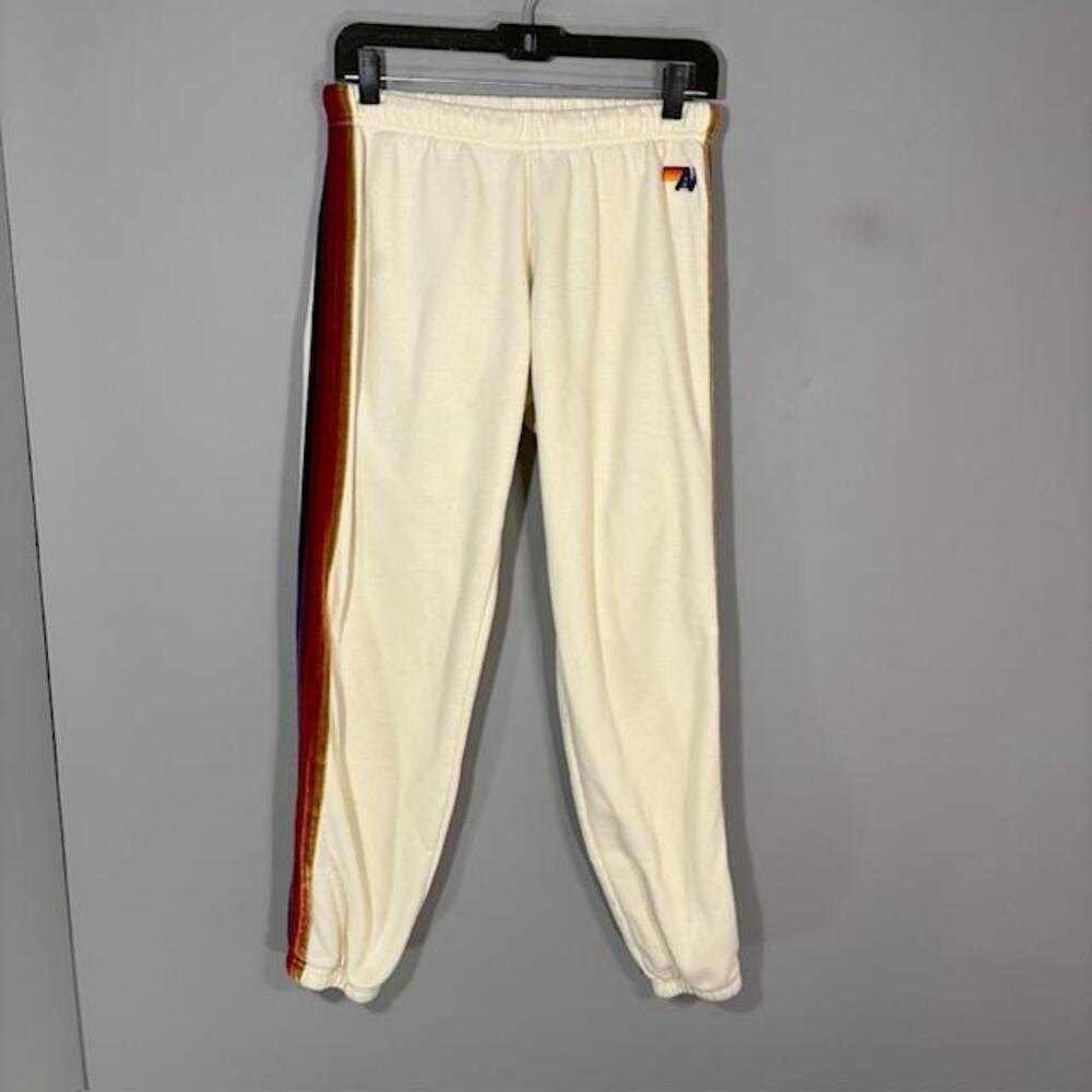 Aviator Nation Pants Womens M White Rainbow Stripe Sweatpants Elastic Waist